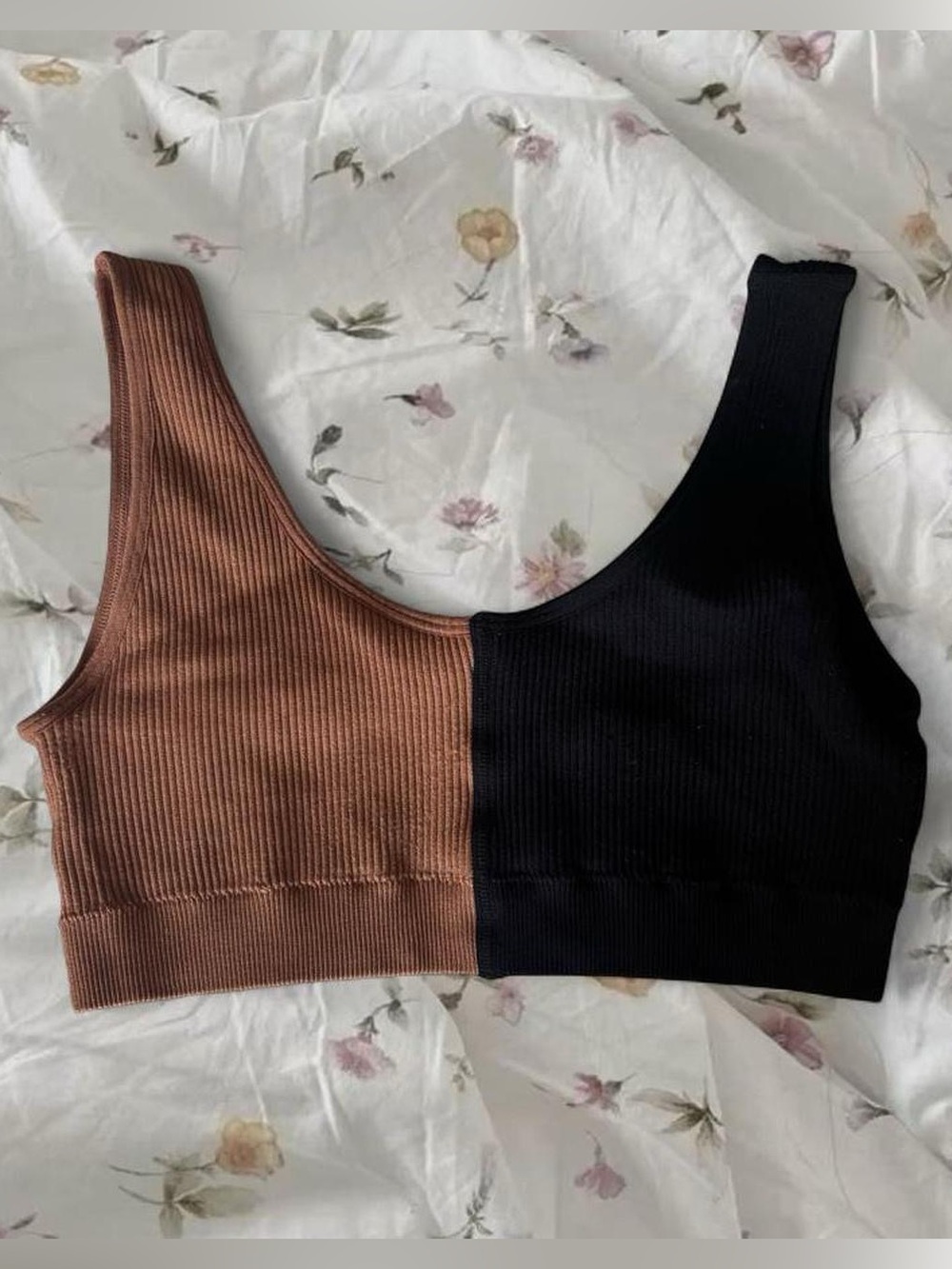 Simons Two-Tone Ribbed Asymmetric Crop Top - Black & Brown